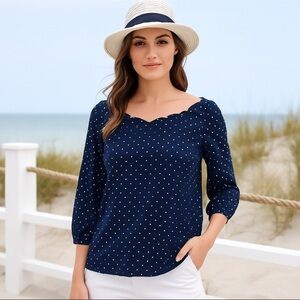 Monteau Navy and White Polka Dot Scalloped Off Shoulder Blouse